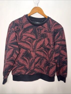 Bershka Unisex Black Crewneck Sweater with Burgundy Leaf Print Size S 22x23.5